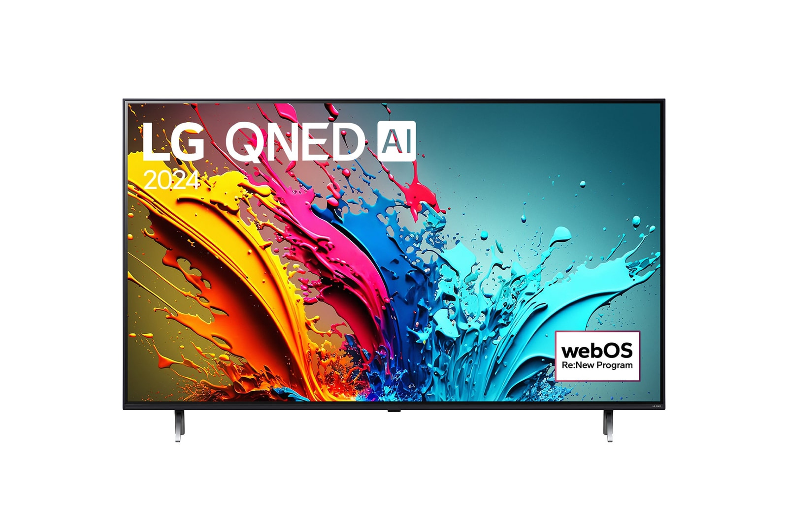 「LG QNED, 2024」という文字と「webOS Re:New Program」のロゴが画面に表示されたLG QNED TV、QNED85の正面画像