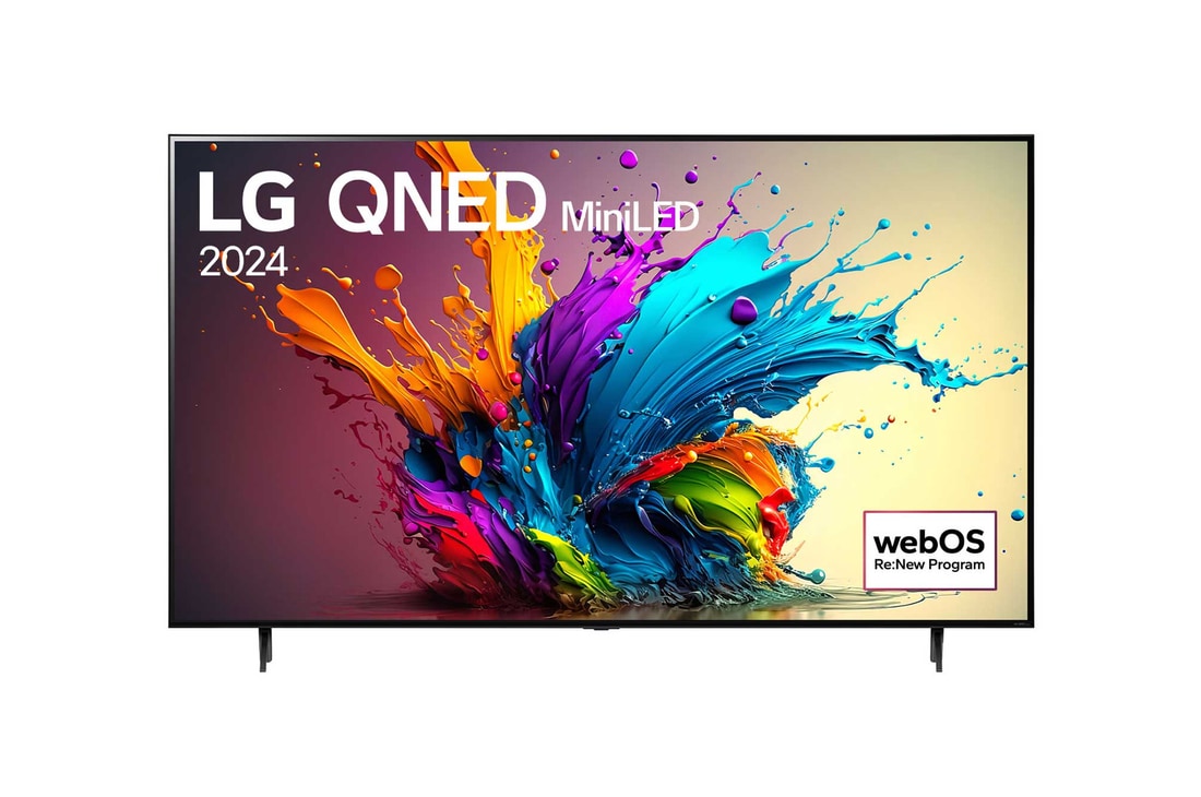 「LG QNED MiniLED, 2024」という文字と「webOS Re:New Program」のロゴが画面に表示されたLG QNED TV、QNED90の正面画像