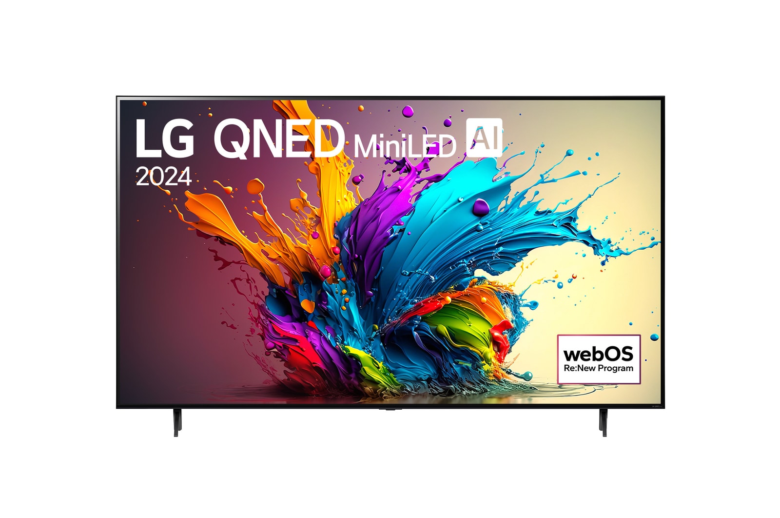 「LG QNED MiniLED, 2024」という文字と「webOS Re:New Program」のロゴが画面に表示されたLG QNED TV、QNED90の正面画像