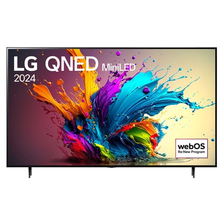 「LG QNED MiniLED, 2024」という文字と「webOS Re:New Program」のロゴが画面に表示されたLG QNED TV、QNED90の正面画像