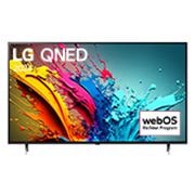 「LG QNED, 2024」という文字と「webOS Re:New Program」のロゴが画面に表示されたLG QNED TV、QNED85の正面画像
