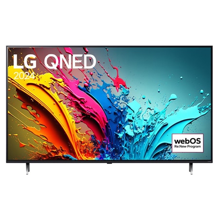 「LG QNED, 2024」という文字と「webOS Re:New Program」のロゴが画面に表示されたLG QNED TV、QNED85の正面画像