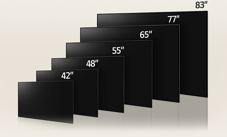 LG OLED G3 のさまざまなサイズを比較した画像で、42、48、55、65、77、83 インチが表示されている。