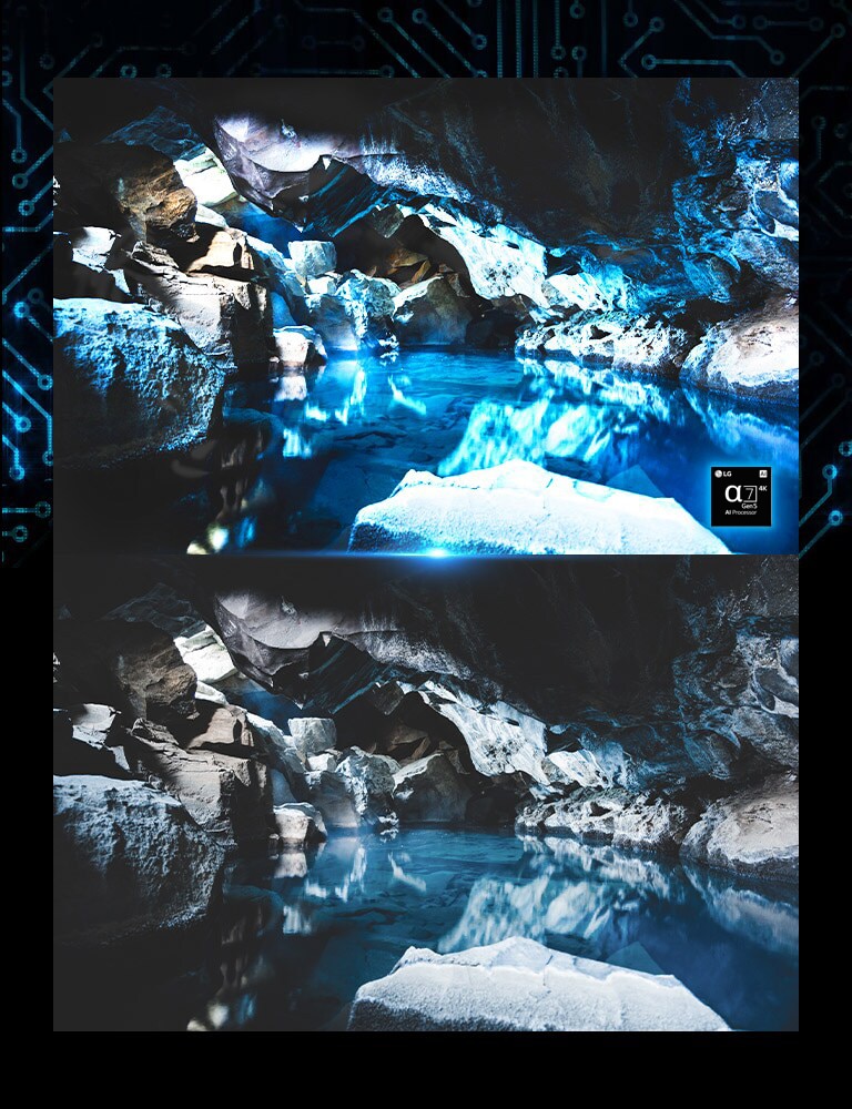 青くて暗い洞窟内のイメージで、右下隅にプロセッサーのチップの画像があります。そのすぐ下に、青くて暗い洞窟の同じ図がありますが、色彩が薄いです。
