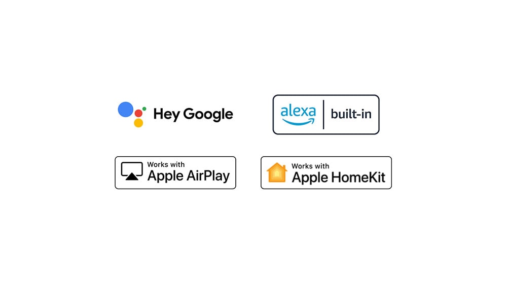 Hey Google、alexa built-in、Works with Apple AirPlay、Works with Apple HomeKit の 4 つのロゴの位置が順番に変わります。