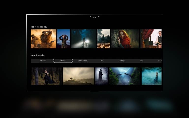 SF映画のクリップのサイズが変更され、webOS 23の新しいホームUXの画面上のイメージになる。下にスクロールすると、ホーム画面にカスタマイズされた提案と注目のコンテンツが表示される。