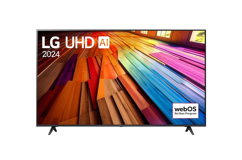 「LG UHD AI ThinQ, 2024」という文字と「webOS Re:New Program」のロゴが画面に表示されたLG UHD TV、UT80の正面画像