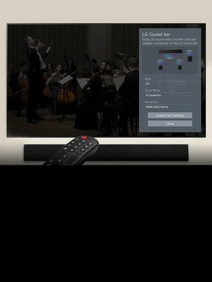 LGリモコンが、下にLG Soundbarが置いてあるLG TVへと向けられている。LG TVの画面にSoundbar Controlメニューが表示されている。