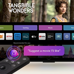 On an LG OLED TV screen is the webOS 25 home page filled with apps and entertainment content. By the TV is the LG AI Magic Remote, the AI button is highlighted as if activated by the user's voice. A speech bubble is beside it, switching to my account. 