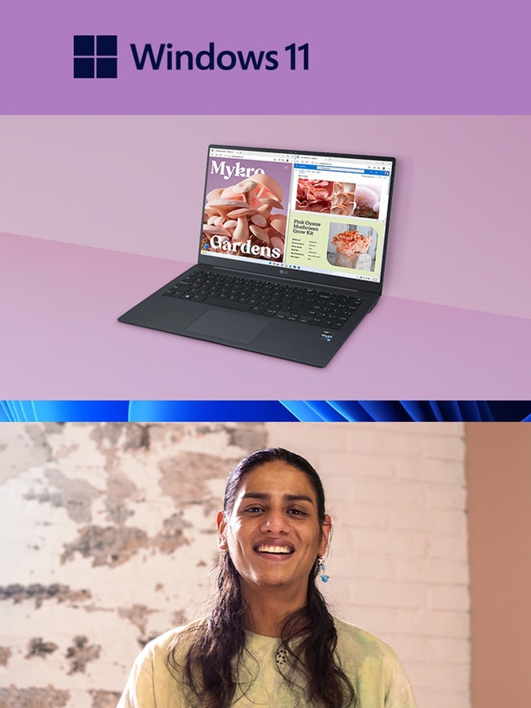 LG gram with Windows 11. A smiling man is holding LG gram.