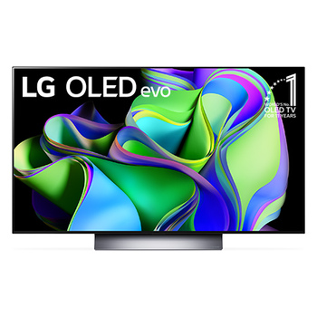 LG OLED evo の正面画像。画面には「10 年間 有機 EL テレビ 世界シェア No.1」のエンブレムが表示されている。
