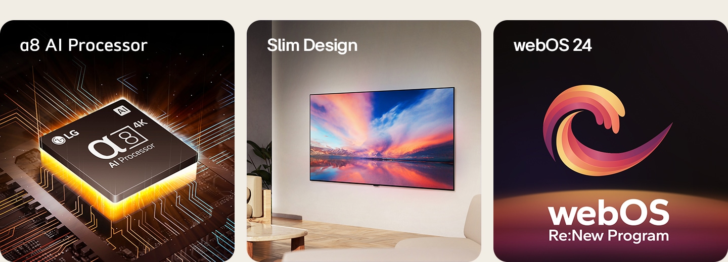 マザーボードの上のLG α8 AIプロセッサーからオレンジの光が放たれる。  OLED TVの画面に表示されたサポートメニューで、OLEDケアメニューが選択されている。  スリムライン設計であることを示すため、現代的な生活空間の壁にマウントされている。