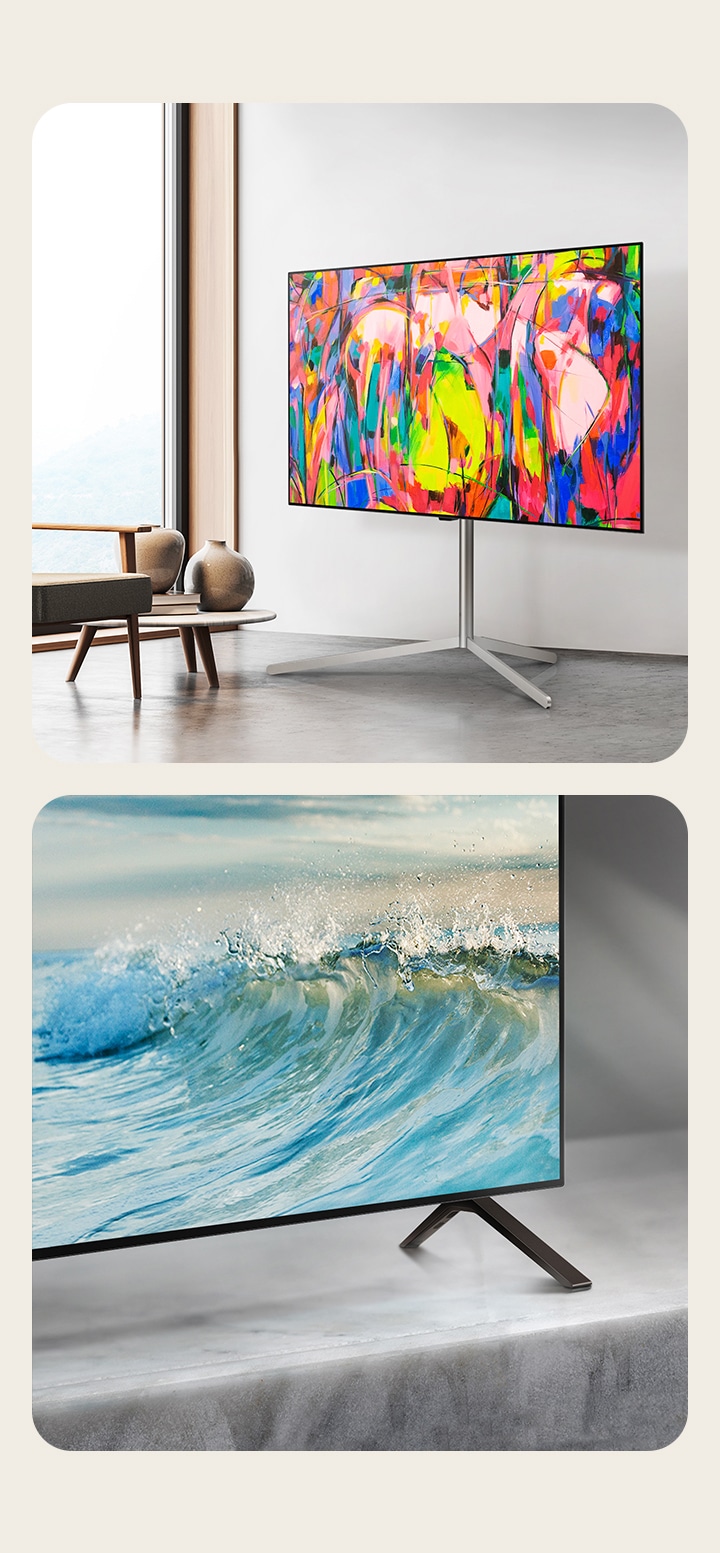 大理石のテーブルトップに載せられたLG OLED TV、OLED B4のスタンドの下隅。画面に水色の波模様が表示されている。  ミニマリストな空間に設置されたスタンド型LG OLED TV、OLED B4。