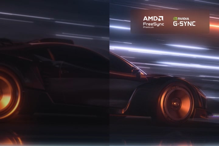 スピードを上げて走るレーシングゲームの車。場面が調整され、なめらかかつクリアなアクションが表示される。FreeSync Premium Pro logoとNVIDIA G-SYNC logoが右上に表示される。