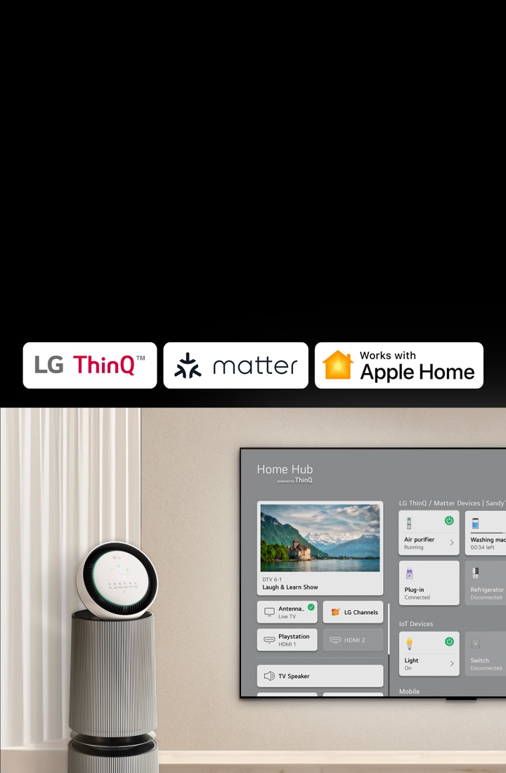 LG ThinQ™、Matter、Apple Homeのロゴ。壁にLG TVが設置され、左側にLG PuriCare™ Objet Collection 360°が設置されている。TVにホームハブが表示されている。カーソルが「Air purifier（空気清浄機）」をクリックすると、LG PuriCare™ Objet Collection 360°がオンになる。