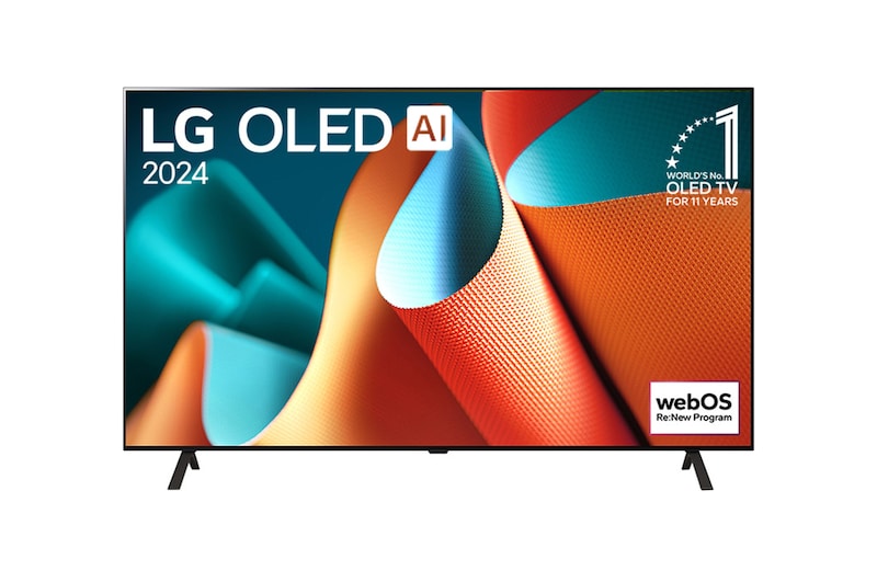 LG OLED TV、OLED B4Eの正面画像。11年連続世界第1位のエンブレムとwebOS Re:Newプログラムlogoが2本のポールスタンドを使用した画面に映し出される