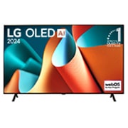 LG OLED TV、OLED B4Eの正面画像。11年連続世界第1位のエンブレムとwebOS Re:Newプログラムlogoが2本のポールスタンドを使用した画面に映し出される