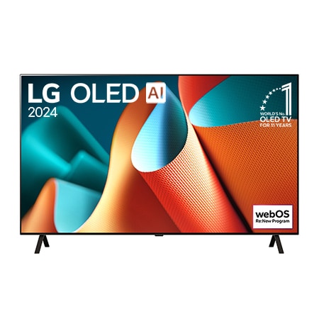 LG OLED TV、OLED B4Eの正面画像。11年連続世界第1位のエンブレムとwebOS Re:Newプログラムlogoが2本のポールスタンドを使用した画面に映し出される