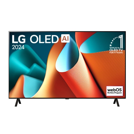 LG OLED TV、OLED B4Eの正面画像。11年連続世界第1位のエンブレムとwebOS Re:Newプログラムlogoが2本のポールスタンドを使用した画面に映し出される