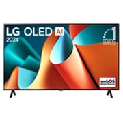 LG OLED TV、OLED B4Eの正面画像。11年連続世界第1位のエンブレムとwebOS Re:Newプログラムlogoが2本のポールスタンドを使用した画面に映し出される