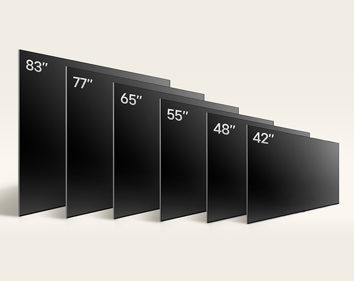 LG OLED TV、OLED C4の多様なサイズを比較。OLED C4 42型、OLED 48型、OLED C4 55型、OLED C4 65型、OLED C4 77型、OLED C4 83型を表示。