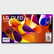 LG OLED evo TV、OLED G4の正面画像。「11 Years of world number 1 OLED（11年連続世界第1位のOLED）」のエンブレム、「webOS Re:New Program」のロゴ、「5-Year Panel Warranty（5年のパネル保証）」のロゴが画面に映し出される
