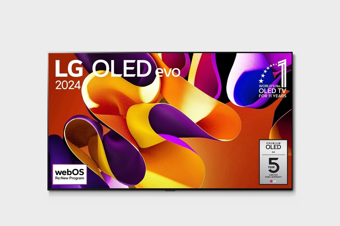 LG OLED evo TV、OLED G4の正面画像。「11 Years of world number 1 OLED（11年連続世界第1位のOLED）」のエンブレム、「webOS Re:New Program」のロゴ、「5-Year Panel Warranty（5年のパネル保証）」のロゴが画面に映し出される