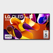 LG OLED evo TV、OLED G4の正面画像。「11 Years of world number 1 OLED（11年連続世界第1位のOLED）」のエンブレム、「webOS Re:New Program」のロゴ、「5-Year Panel Warranty（5年のパネル保証）」のロゴが画面に映し出される