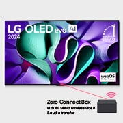 LG OLED evo AI TVの正面図、OLED M4、11年連続OLED TV世界シェア第1位のエンブレム、webOS Re:New Programのロゴ、5年のパネル保証のロゴが画面に表示され、4K 144Hzワイヤレス映像＆音声転送機能搭載のZero Connect Boxがテレビに接続され、Wi-Fi信号がZero Connect Boxから放射されている。