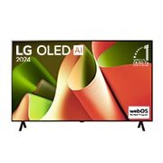 LG OLED TV、OLED B4の正面画像。11年連続世界第1位のエンブレムとwebOS Re:Newプログラムlogoが2本のポールスタンドを使用した画面に映し出される