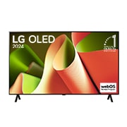 LG OLED TV、OLED B4の正面画像。11年連続世界第1位のエンブレムとwebOS Re:Newプログラムlogoが2本のポールスタンドを使用した画面に映し出される
