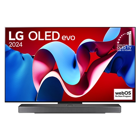 LG OLED evo TV、OLED C4の正面画像。11年連続世界第1位のエンブレムとwebOS Re:Newプログラムlogo、下部のサウンドバーが2本のポールスタンドを使用した画面に映し出される