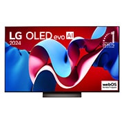 LG OLED evo TV、OLED C4の正面画像。11年連続世界第1位のエンブレムとwebOS Re:Newプログラムlogoが2本のポールスタンドを使用した画面に映し出される