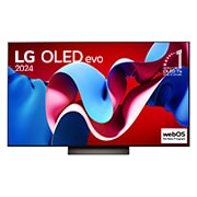 LG OLED evo TV、OLED C4の正面画像。11年連続世界第1位のエンブレムとwebOS Re:Newプログラムlogoが2本のポールスタンドを使用した画面に映し出される