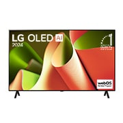 LG OLED TV、OLED B4の正面画像。11年連続世界第1位のエンブレムとwebOS Re:Newプログラムlogoが2本のポールスタンドを使用した画面に映し出される