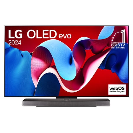 LG OLED evo TV、OLED C4の正面画像。11年連続世界第1位のエンブレムとwebOS Re:Newプログラムlogo、下部のサウンドバーが2本のポールスタンドを使用した画面に映し出される