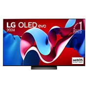 LG OLED evo TV、OLED C4の正面画像。11年連続世界第1位のエンブレムとwebOS Re:Newプログラムlogoが2本のポールスタンドを使用した画面に映し出される