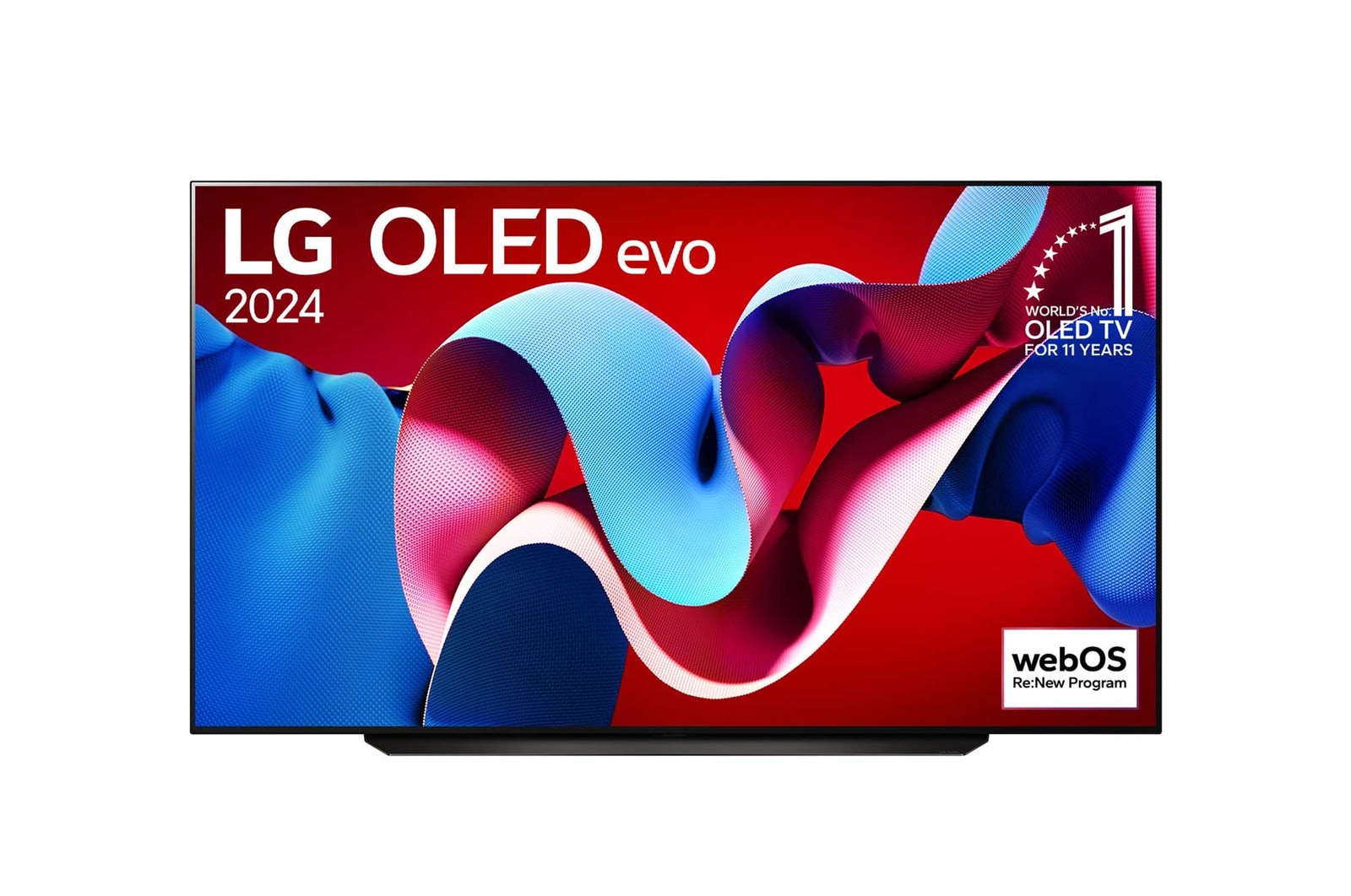 LG OLED evo TV、OLED C4の正面画像。11年連続世界第1位のエンブレムとwebOS Re:Newプログラムlogoが2本のポールスタンドを使用した画面に映し出される