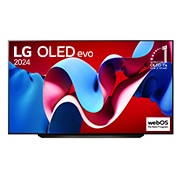 LG OLED evo TV、OLED C4の正面画像。11年連続世界第1位のエンブレムとwebOS Re:Newプログラムlogoが2本のポールスタンドを使用した画面に映し出される