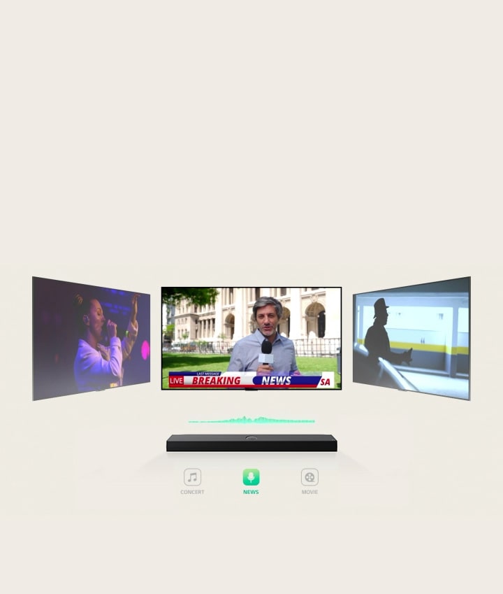 Над саундбаром LG расположены три разных телевизионных экрана. На том, что прямо над ним, диктор новостей снимает экстренный выпуск новостей снаружи богато украшенного здания. Телевизор справа показывает кадр из боевика с мужчиной в тени. Телевизор слева показывает музыкальный концерт с поющей женщиной. Между телевизором и саундбаром находится мятная диаграмма звуковой волны.