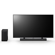 Вид спереди 65-дюймового LG QNED, LG Soundbar S70TY и сабвуфера