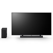 Вид спереди 75-дюймового LG QNED, LG Soundbar S70TY и сабвуфера