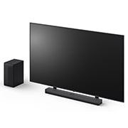 Угловой вид 75-дюймового LG QNED, LG Soundbar S70TY и сабвуфера