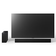 Вид спереди на 77-дюймовый телевизор LG OLED G4, звуковую панель LG Soundbar SG10TY и сабвуфер