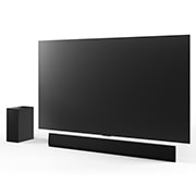 Вид под углом на 77-дюймовый телевизор LG OLED G4, звуковую панель LG Soundbar SG10TY и сабвуфер