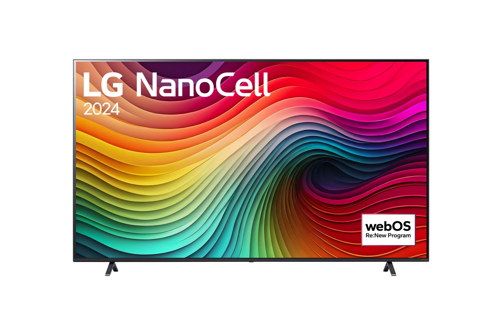 Вид спереди на телевизор LG NanoCell, NANO80 с текстом LG NanoCell, 2024 и логотипом webOS Re:New Program на экране