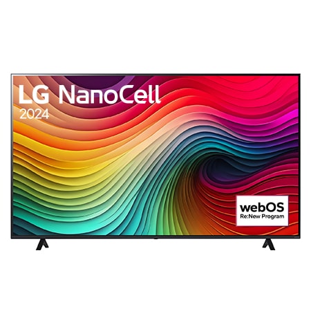 Вид спереди на телевизор LG NanoCell, NANO80 с текстом LG NanoCell, 2024 и логотипом webOS Re:New Program на экране