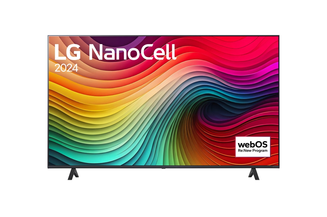 Вид спереди на телевизор LG NanoCell, NANO80 с текстом LG NanoCell, 2024 и логотипом webOS Re:New Program на экране