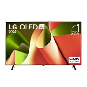 Вид спереди на телевизор LG OLED TV, OLED c искусственным интеллектом B4, эмблему «OLED №1 в мире в течение 11 лет» и logo программы webOS Re:New Program на экране с 2-полюсной подставкой