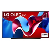 Вид спереди на телевизор LG OLED evo, OLED C4, эмблему «OLED №1 в течение 11 лет» и logo программы webOS Re:New на экране